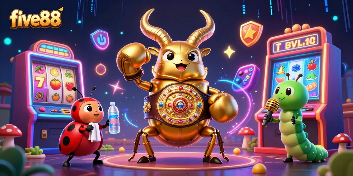 Engage with five88's thrilling slot games through a vibrant, cartoonish 3D illustration featuring a golden stag beetle.