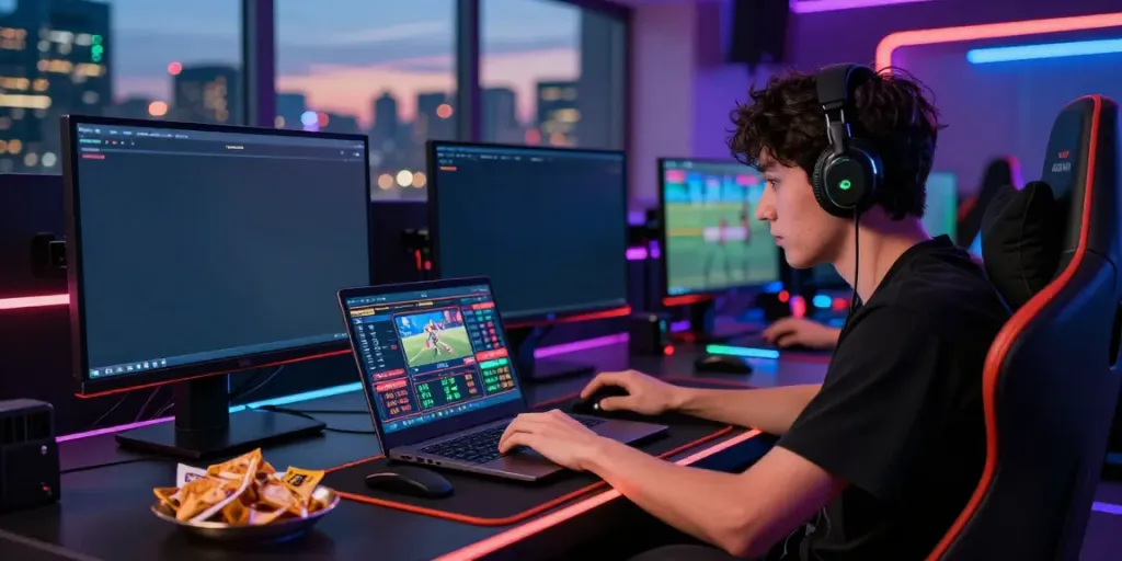 Gamer engaged in online betting at stylish setup, highlights fabet experience.