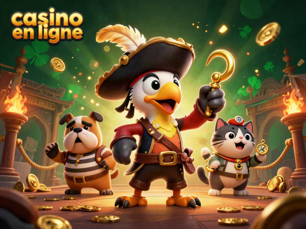 Jouez au casino en ligne avec ce graphique coloré et dynamique illustrant des personnages et des éléments de jeu.