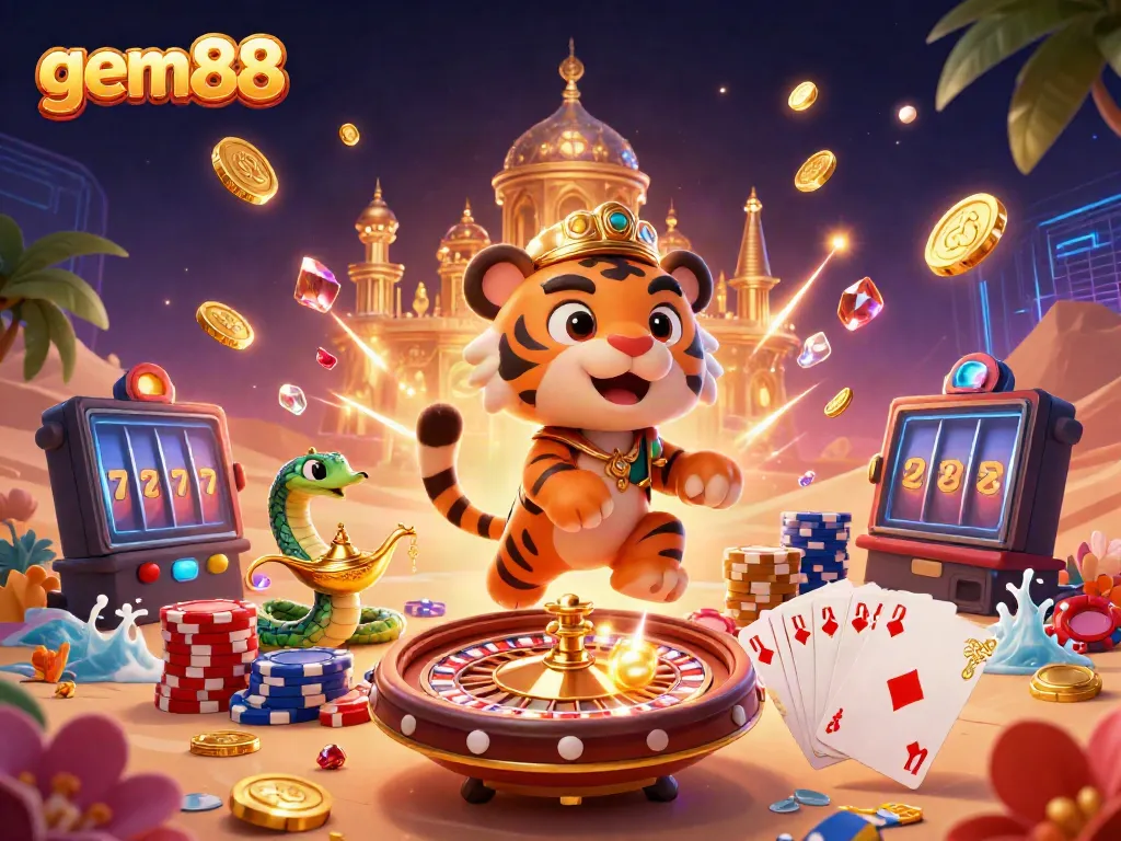 Experience excitement at gem88 with a vibrant casino scene featuring a tiger sultan, sparkling gems, and casino elements.