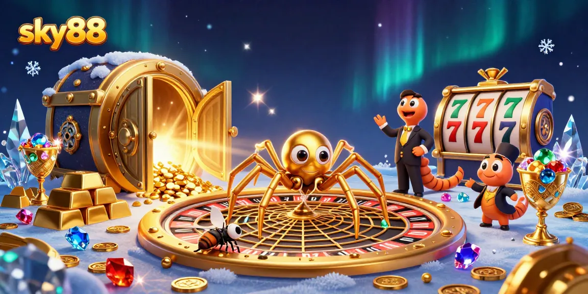sky88 thrives in a vibrant casino scene, featuring a golden spider and centipede croupier in action.