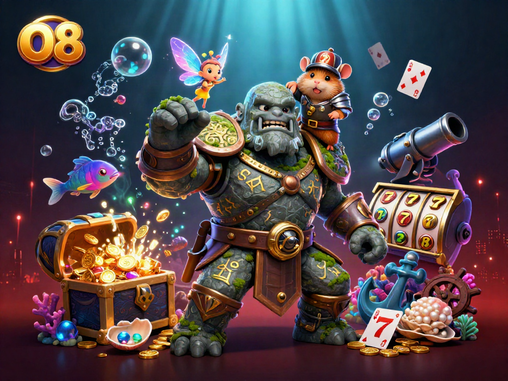O8 casino illustration featuring a golem guardian, fairy, and hamster knight amidst rich gaming elements.