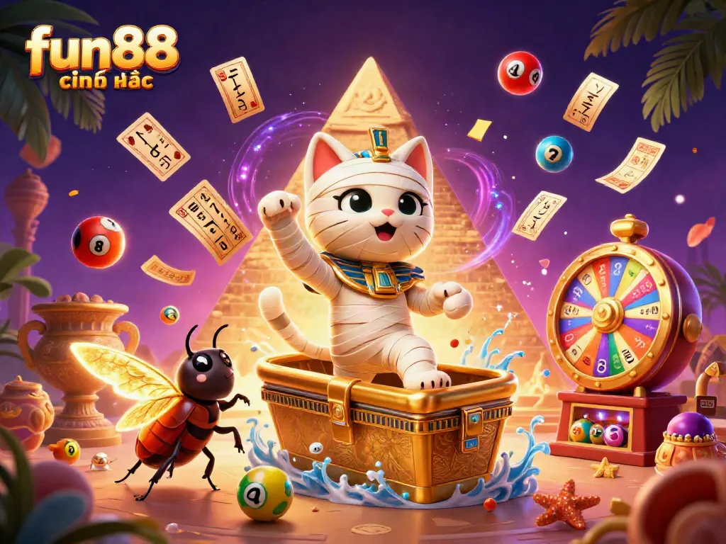 Play interactive games at fun88 chính thức with an energetic cat mummy in a vibrant casino.