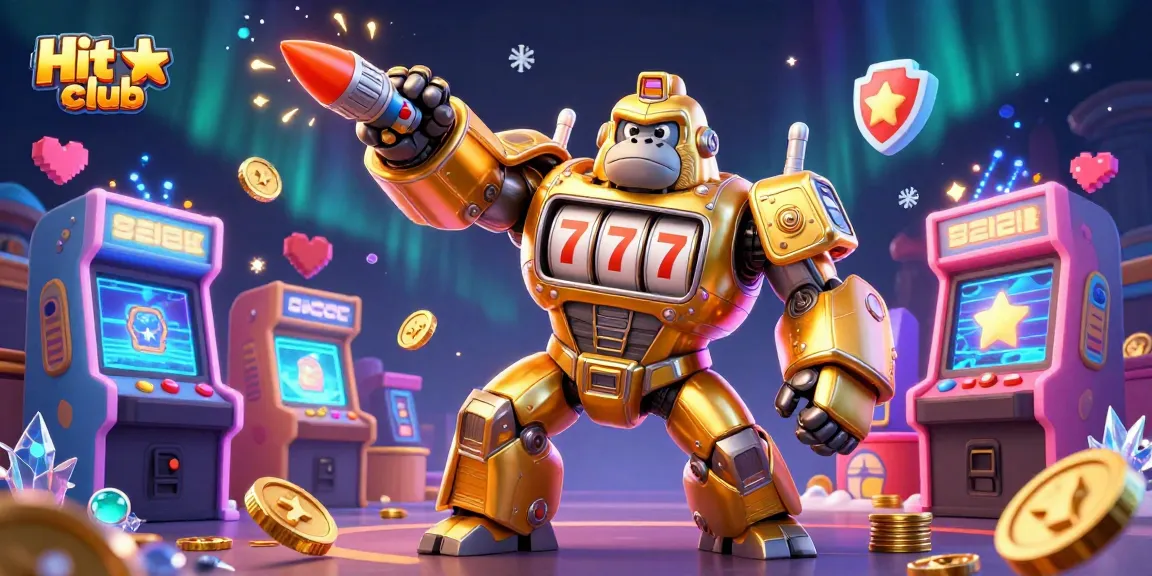 Experience the thrill of Hit club with a golden gorilla mech amidst flashy gaming machines.