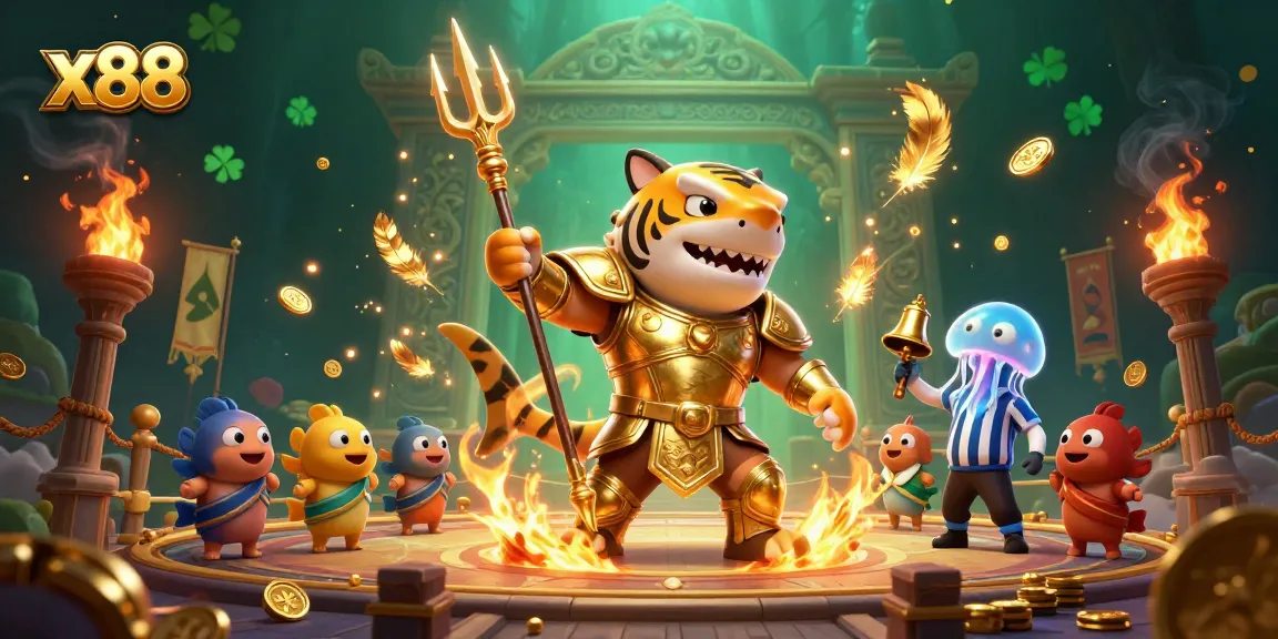 Experience thrilling gameplay at x88 with a fierce underwater gladiator shark and vibrant casino elements.