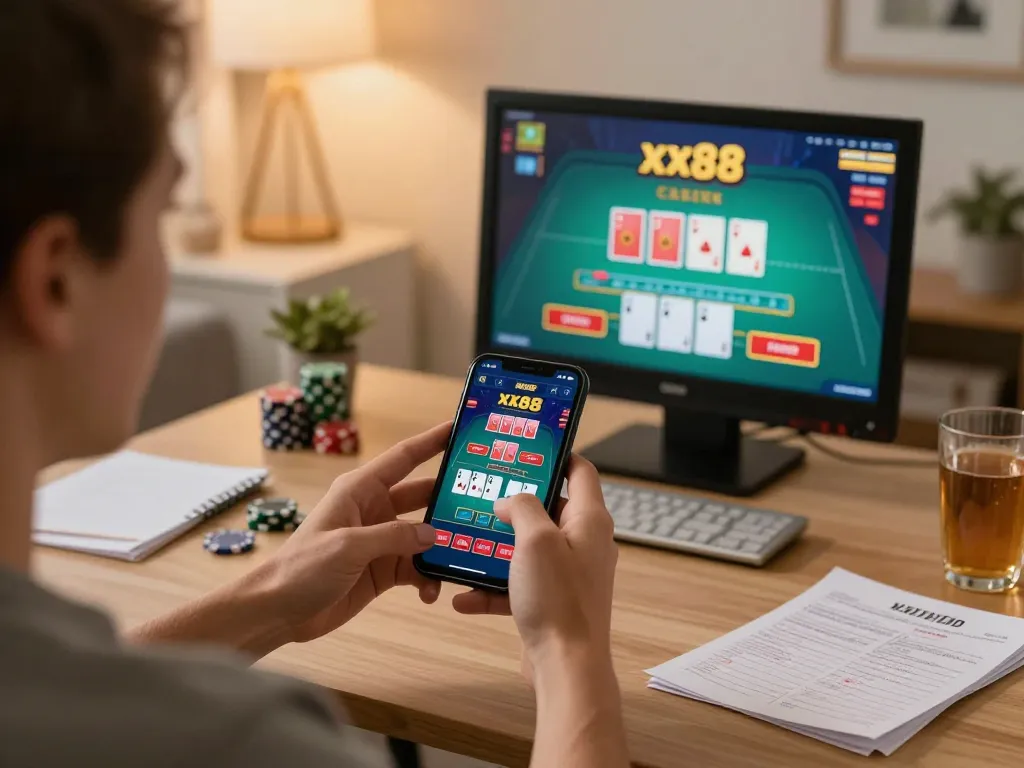 Engaging in dynamic betting with the xx88 casino app on a smartphone, at home.