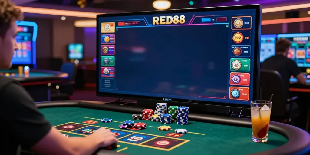Exciting live casino experience at RED88 with players engaging and colorful gaming chips.