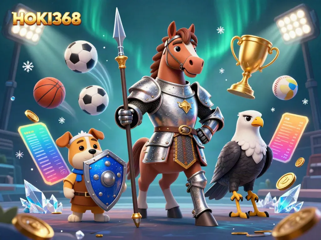 Experience HOKI368's dynamic gaming scene with medieval knight characters, sports elements, and stunning effects.
