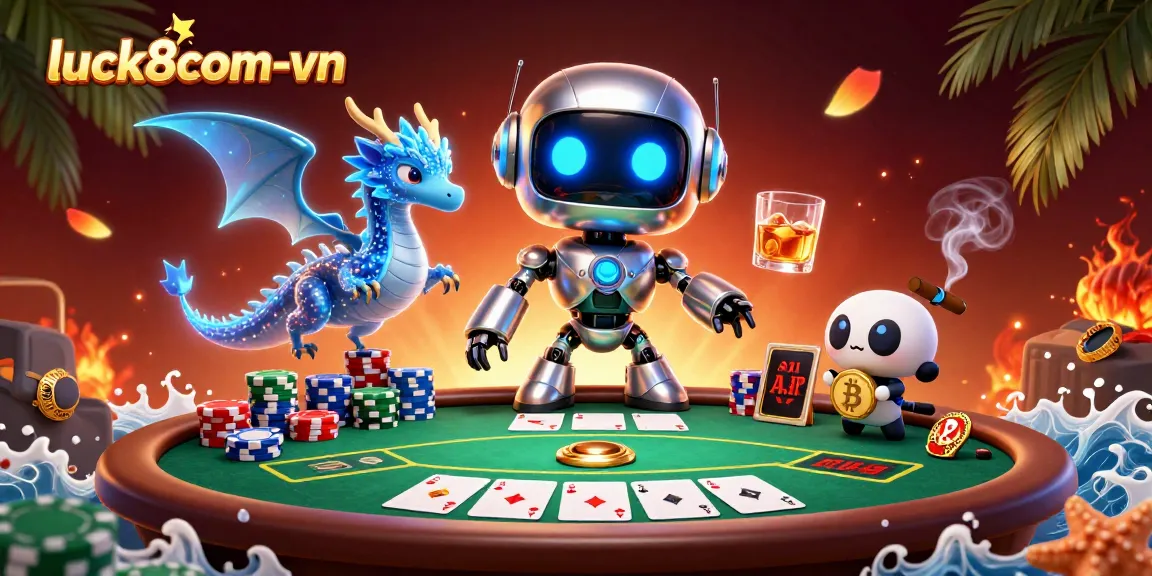Win big at luck8com-vn featuring an energetic cyberpunk casino scene with poker elements and vibrant characters.