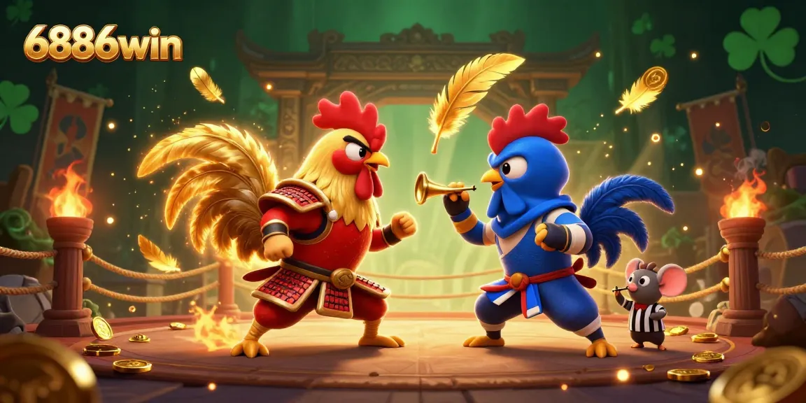 Engage in intense gameplay with 6886win, where fighting roosters clash amidst golden feathers and betting tokens.