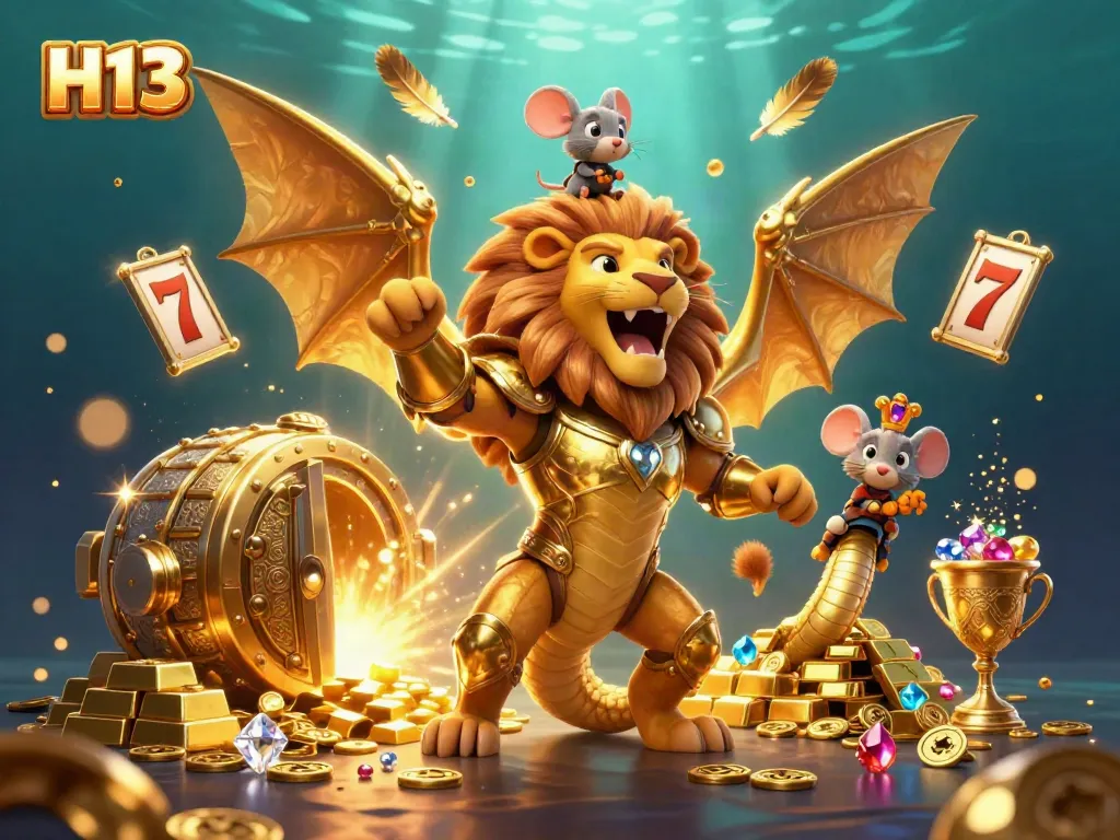 Engage with H13 in this thrilling 3D casino scene featuring a chimera, golden treasures, and lively game elements.