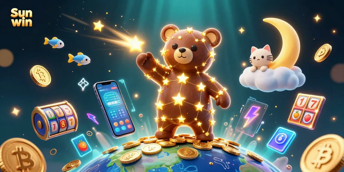 Engage with Sun win's vibrant casino adventure featuring jackpot reels, glowing coins, and celestial characters.