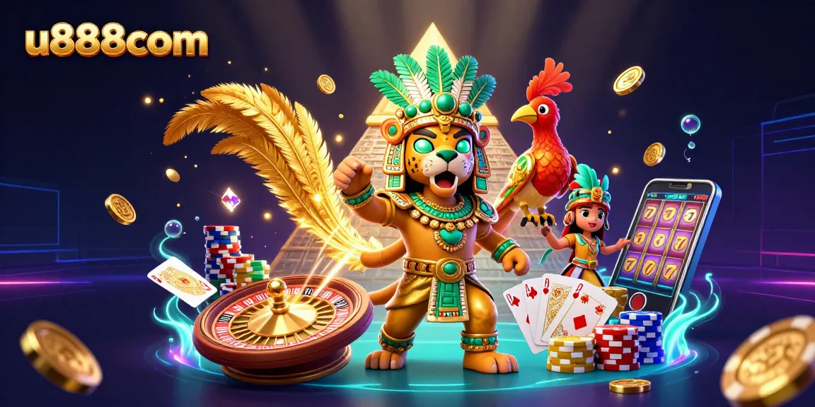 Engage with elite gaming at u888com, featuring vibrant casino elements and immersive Mayan-inspired characters.