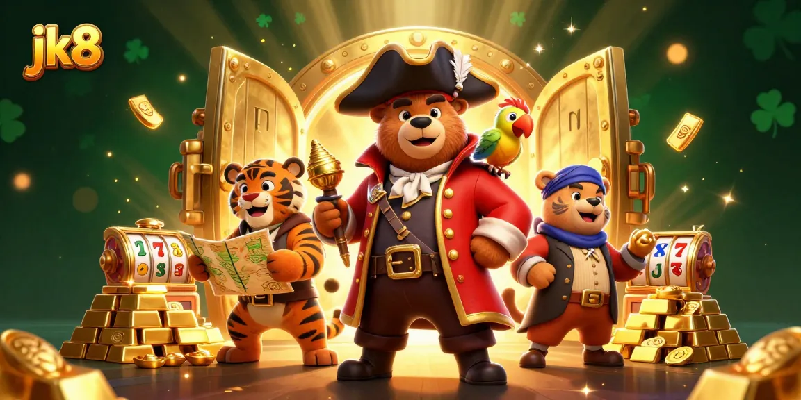 Spin the reels with jk8's captivating 3D pirate-themed illustration showcasing casino excitement.