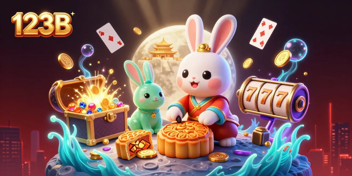 Experience thrilling gaming adventures at 123B with a vibrant illustration of moon rabbits and casino symbols.