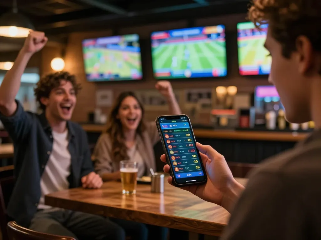 Person analyzing Keo nha cai 5 betting odds on smartphone in a lively sports bar.