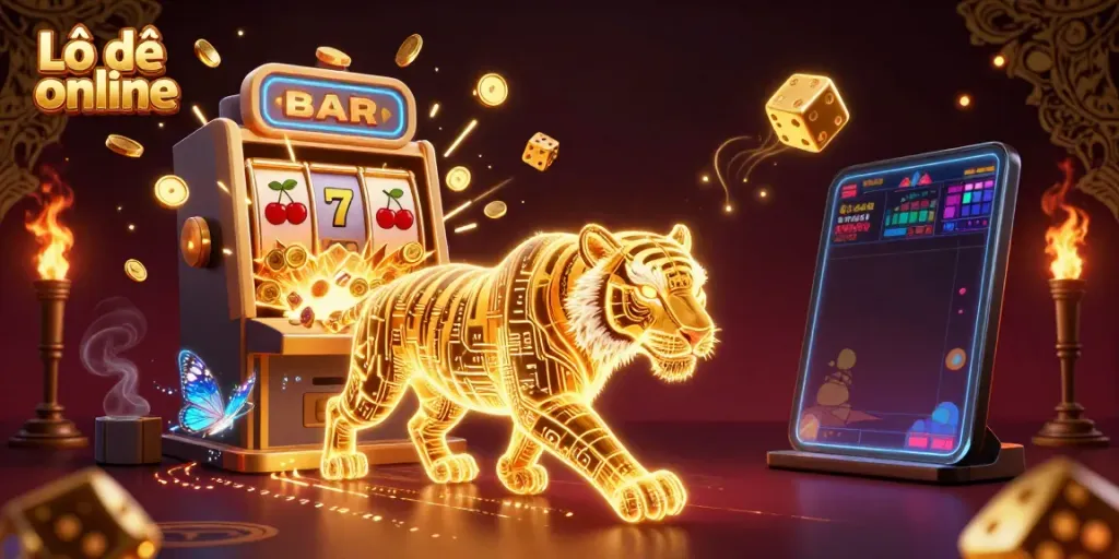 Engage with Lô đề online showcasing a vibrant casino scene with a golden tiger and slot machine bursting with coins.