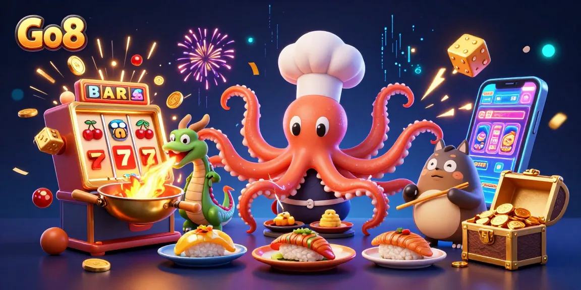 Engage with Go8's vibrant casino adventure featuring a dynamic octopus chef and dragon amidst slot machine excitement.