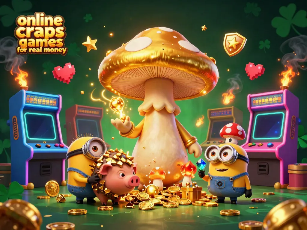 Experience thrilling online craps games for real money with an enchanting wizard and treasure-hunting pig in a vibrant casino scene.