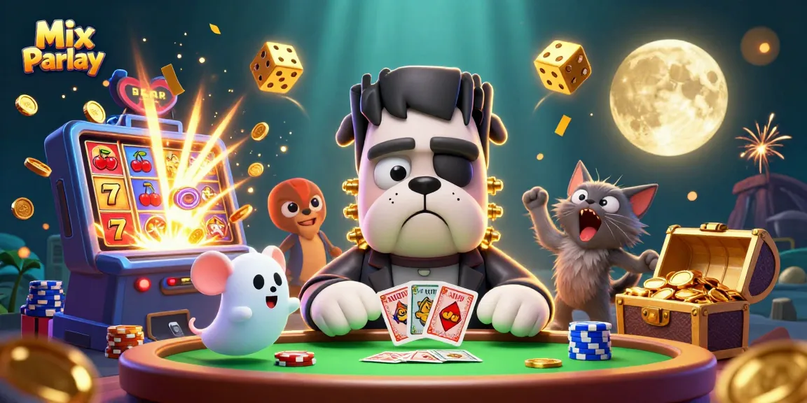 Win big with Mix Parlay bets featuring a vibrant casino scene with engaging characters and game elements.