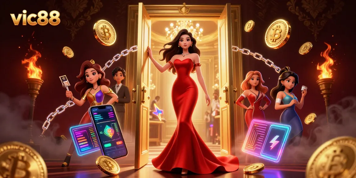Play thrilling games at vic88, featuring a stunning Asian woman in a VIP casino doorway adorned with vibrant blockchain elements.