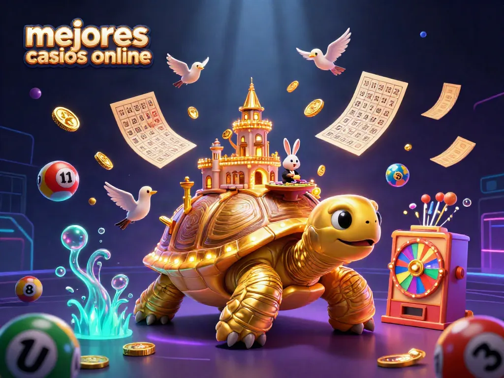 Disfruta de los mejores casinos online mientras los coloridos elementos de juego rodean una escena mágica