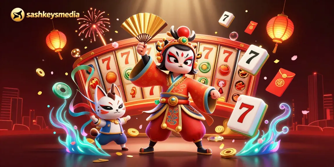 Engage with exciting slots at sashkeysmedia, featuring a dynamic 3D scene filled with vibrant casino elements.