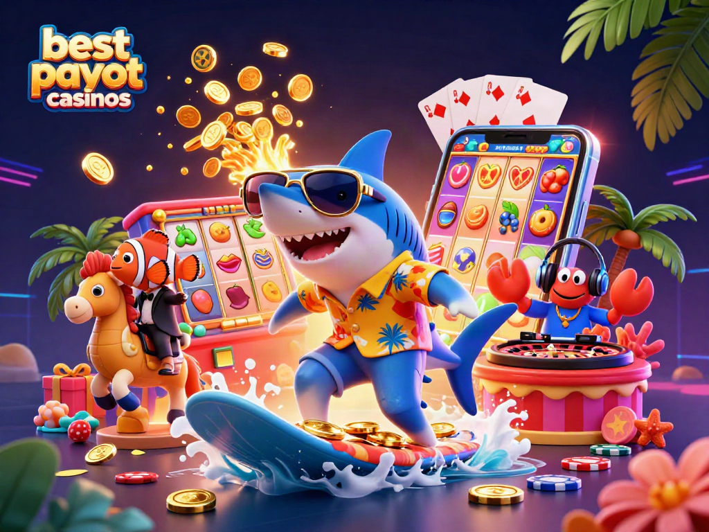 Experience the best payout casinos with thrilling 3D illustrations of vibrant slot games and fun characters.