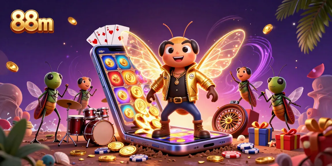 Engage with 88m, showcasing a vibrant casino scene featuring a cicada rock star, slot games, and casino elements.