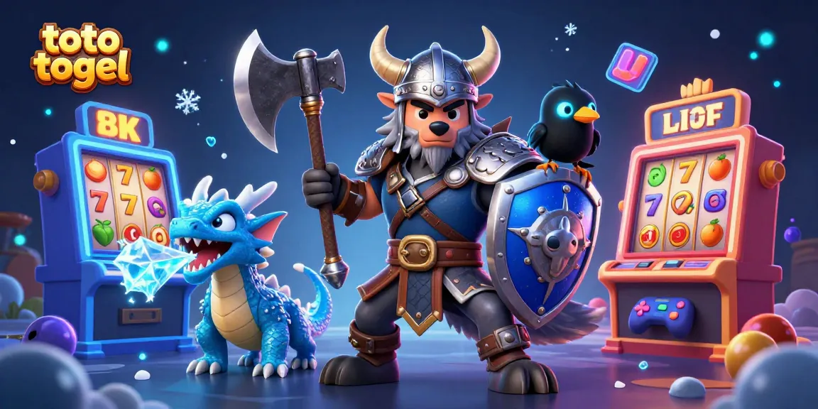 Engage in exciting toto togel gameplay with a Viking wolf, fierce dragon, and illuminated slot machines.