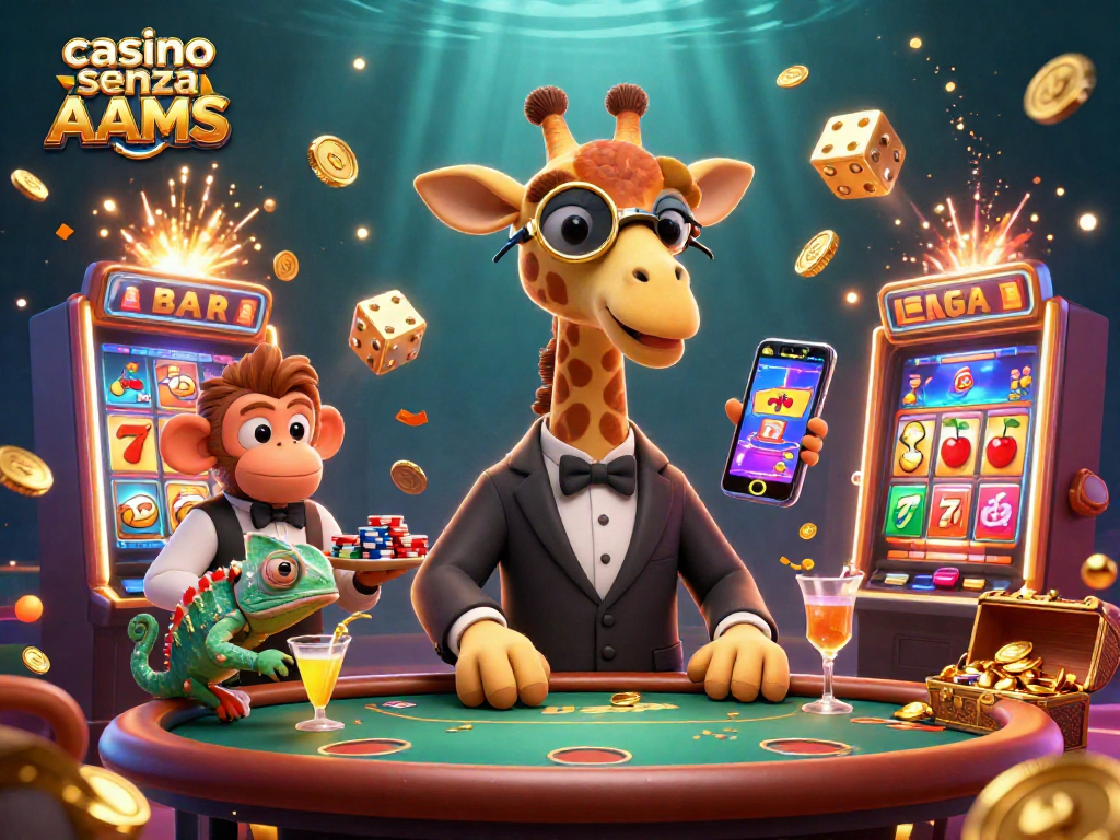 Gioca al casino senza AAMS con giraffe, scimmia e camaleonte in un'illustrazione 3D vivace.