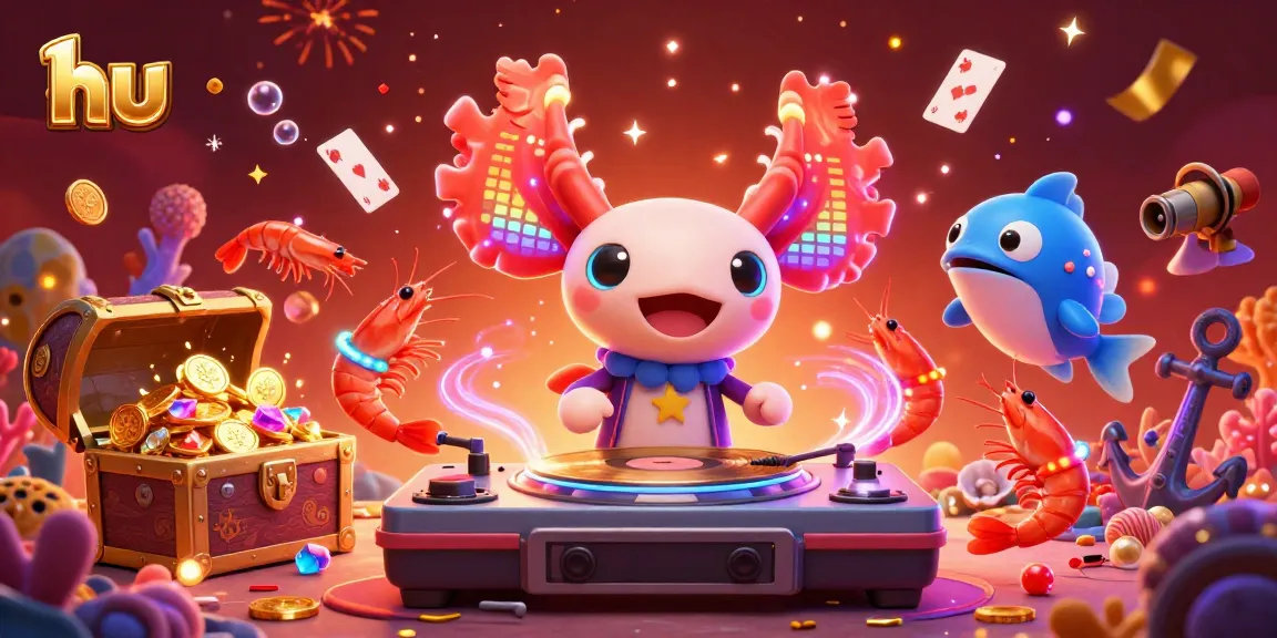 Experience the vibrant hu casino scene with neon characters celebrating underwater rich with treasures.