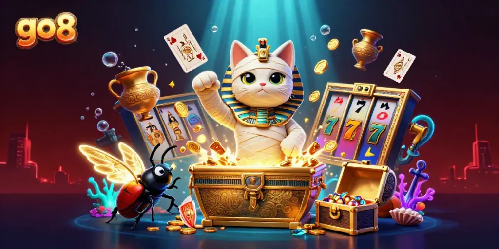 Experience thrilling wins at go8 with an Egyptian mummy cat and scarab beetle amid dynamic casino elements.
