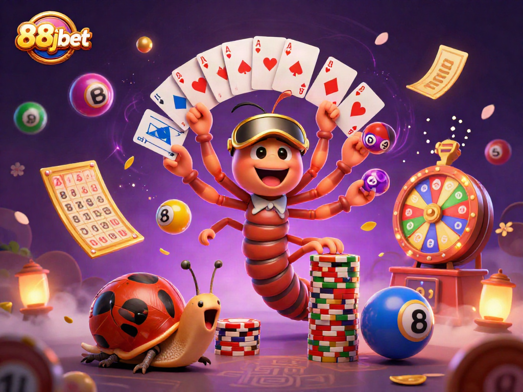 88jbet showcases a vibrant casino scene with a millipede dealer and energetic game elements.