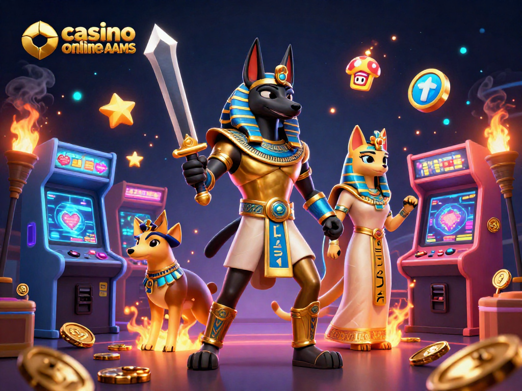 Scopri il mondo del casino online non AAMS con Anubi e Bastet in un'illustrazione 3D dinamica e colorata.