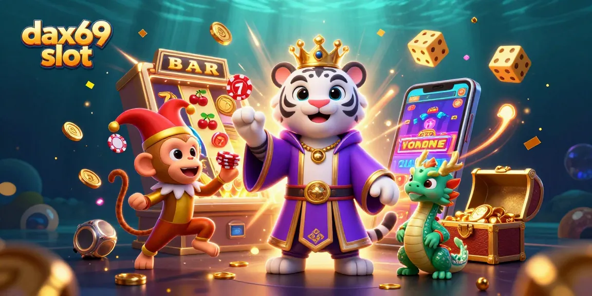 Bermain di dax69 slot dengan simbol keberuntungan dan karakter kartun menarik dalam suasana kasino.