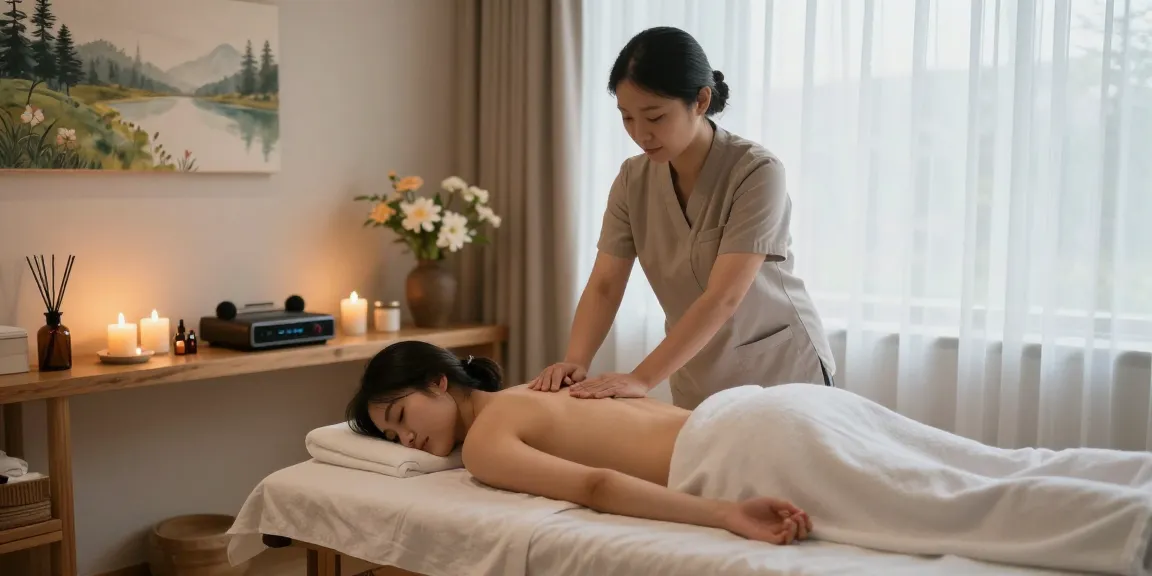 Relaxing 용인출장마사지 session with serene atmosphere, soothing candles, and therapist in action.
