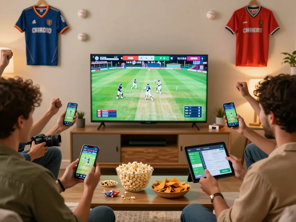 Cricket betting app download in action as friends enjoy a live match together.
