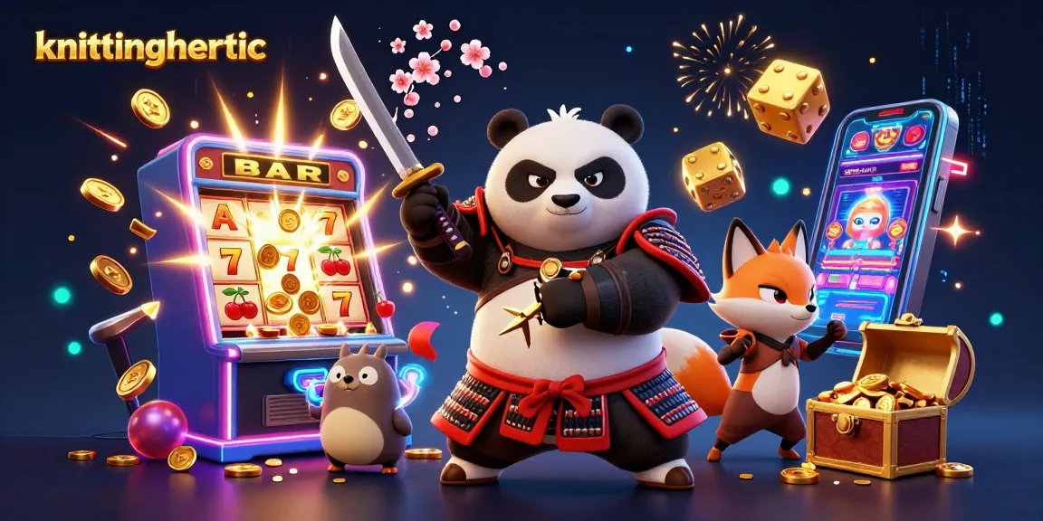 Engage in action-packed gameplay at knittingheretic's vibrant casino, featuring dazzling slot machines and energetic characters.