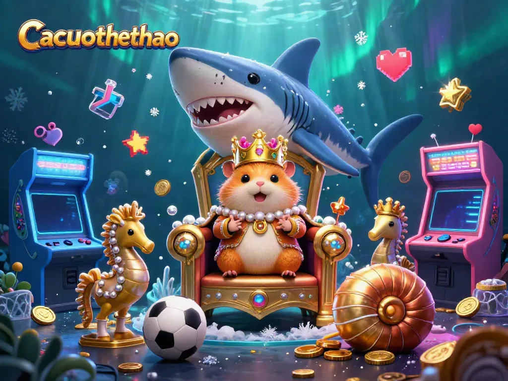 Cacuocthethao showcases a spirited gambling scene featuring a golden hamster king amid vibrant sports elements.
