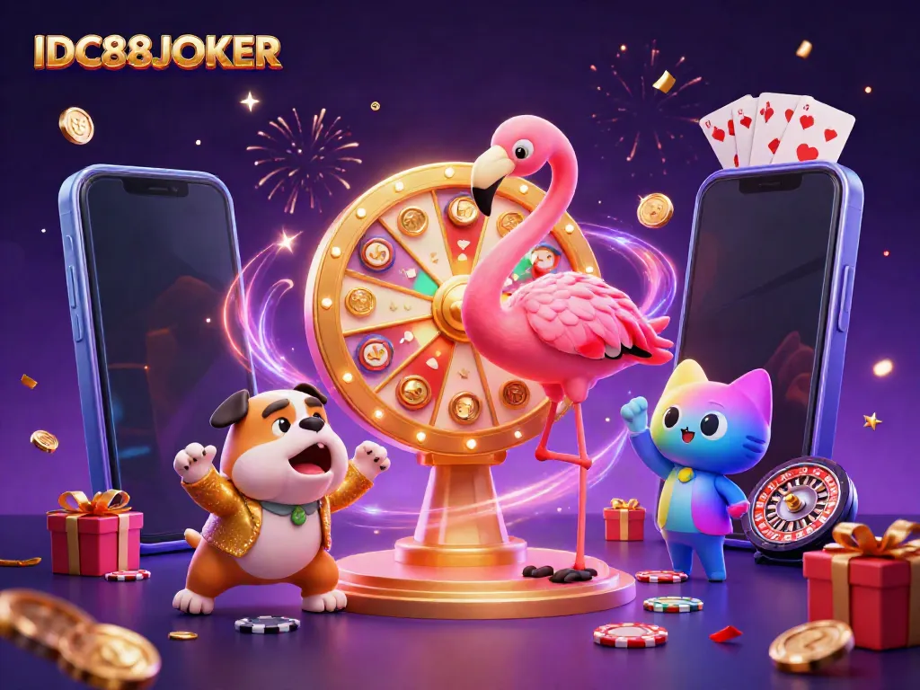 Spin the wheel with IDC88JOKER's vibrant game show scene featuring excitement and prizes.