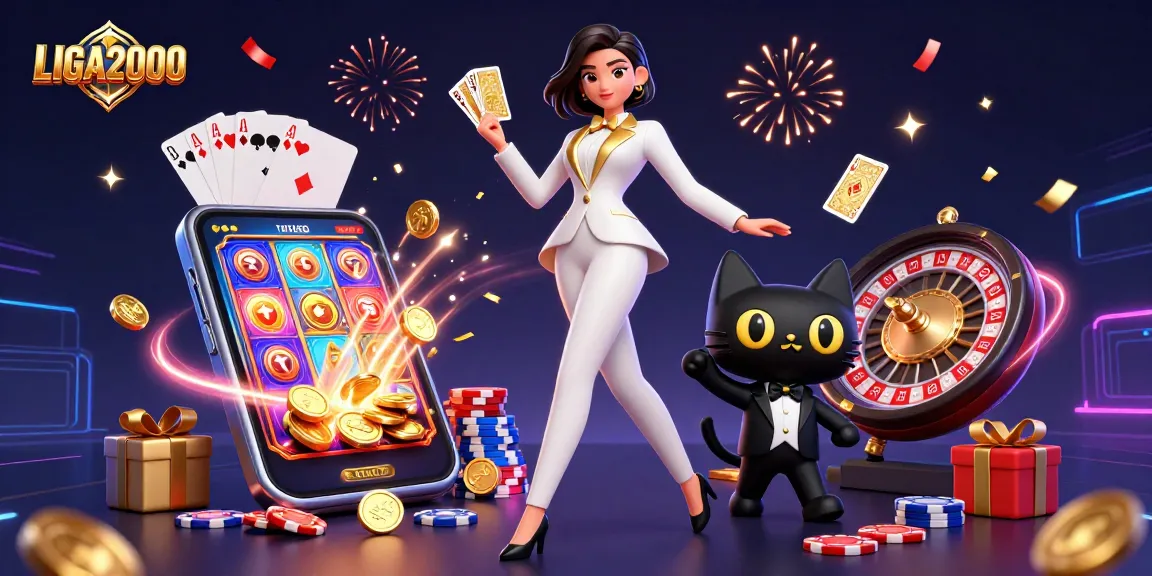 LIGA2000 menyajikan pemandangan glamor dengan pemain bergaya dan jimat keberuntungan, menampilkan energi kasino yang vibran.