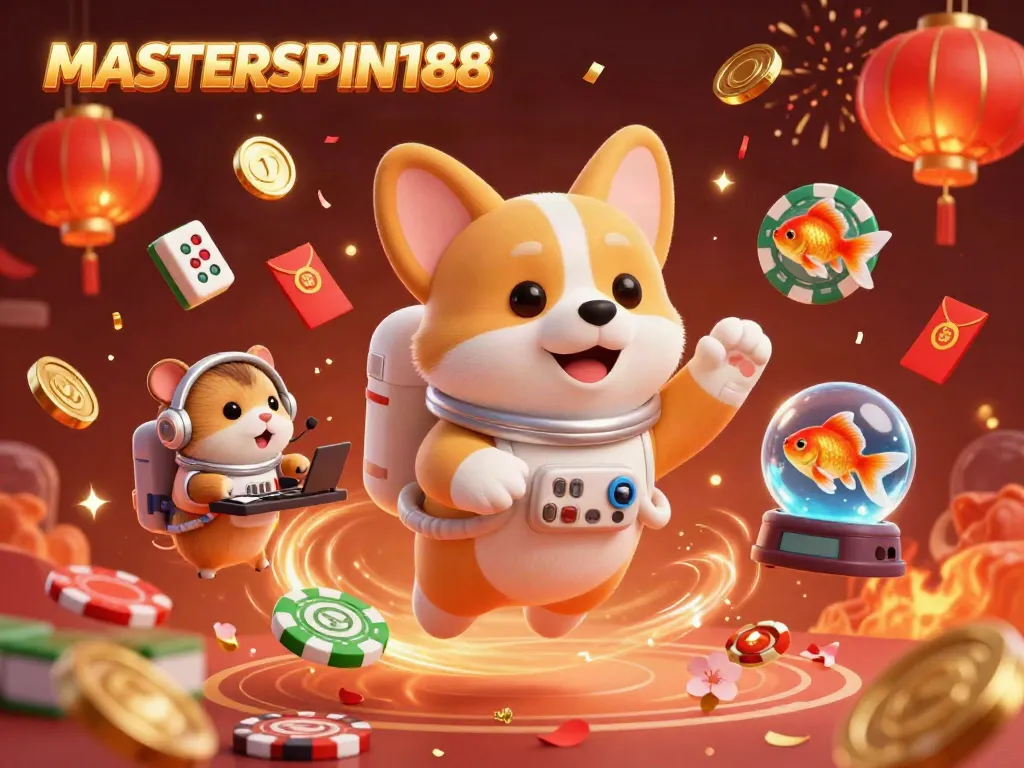 Experience the excitement of MASTERSPIN188 with a vibrant scene of a cartoon astronaut corgi in a casino.
