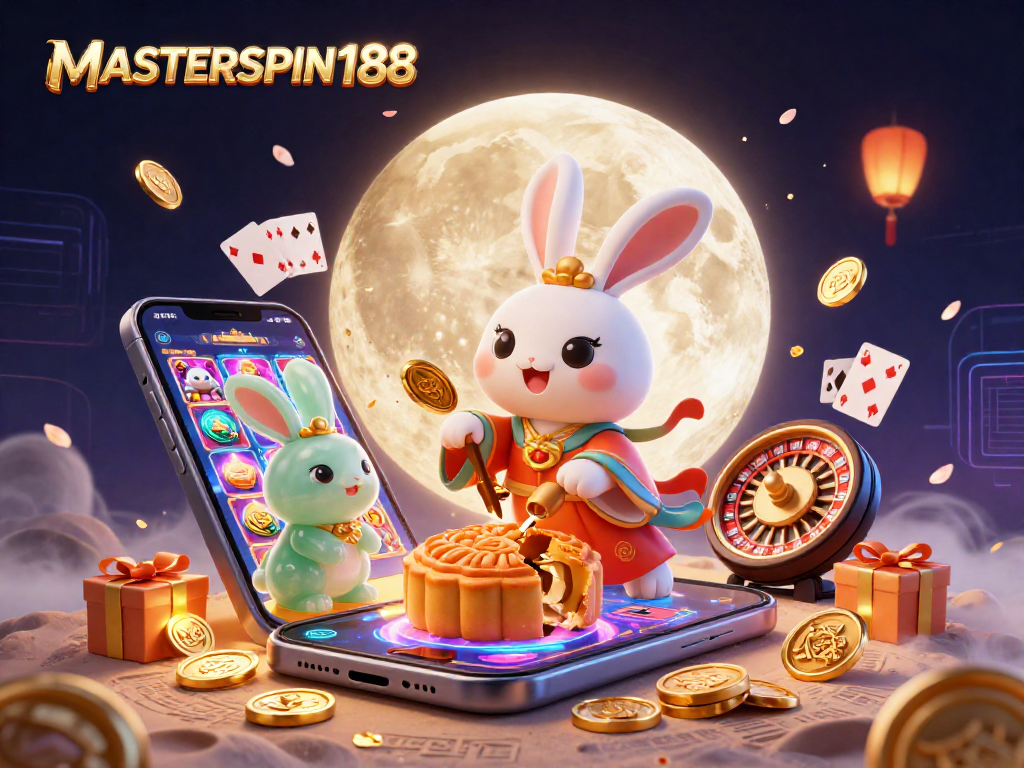 Experience excitement at MASTERSPIN188 with a vibrant scene featuring a moon rabbit and casino elements.