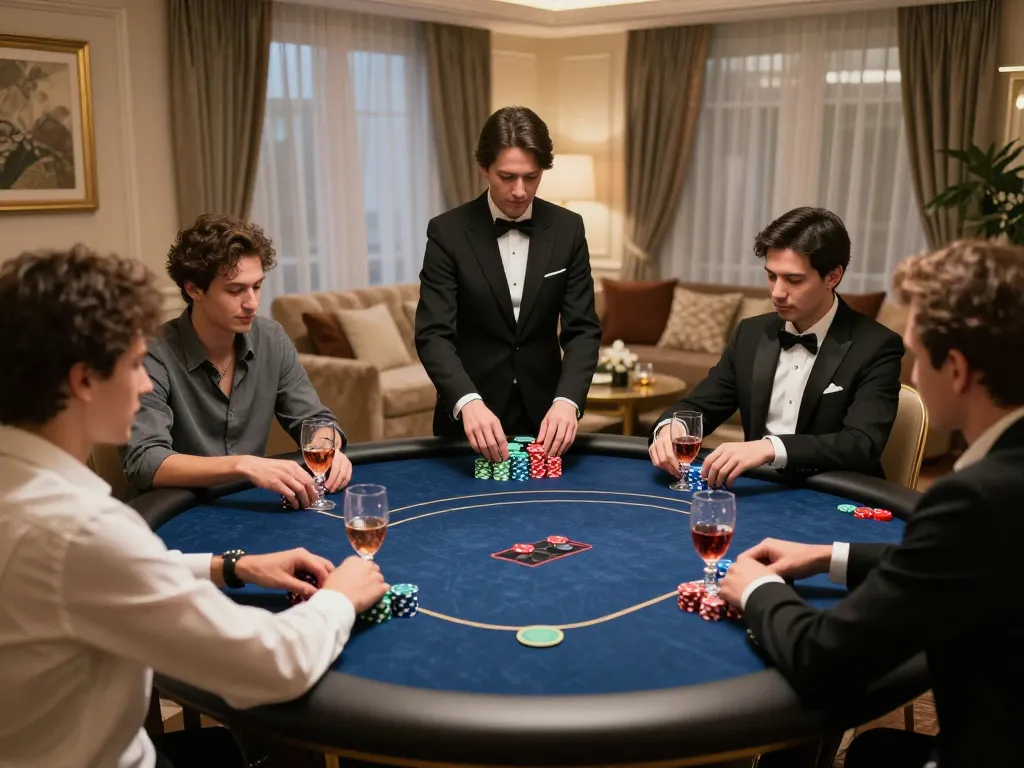 Experience high-stakes gameplay at maxpoker88 in a luxurious poker room with engaged players and opulent decor.