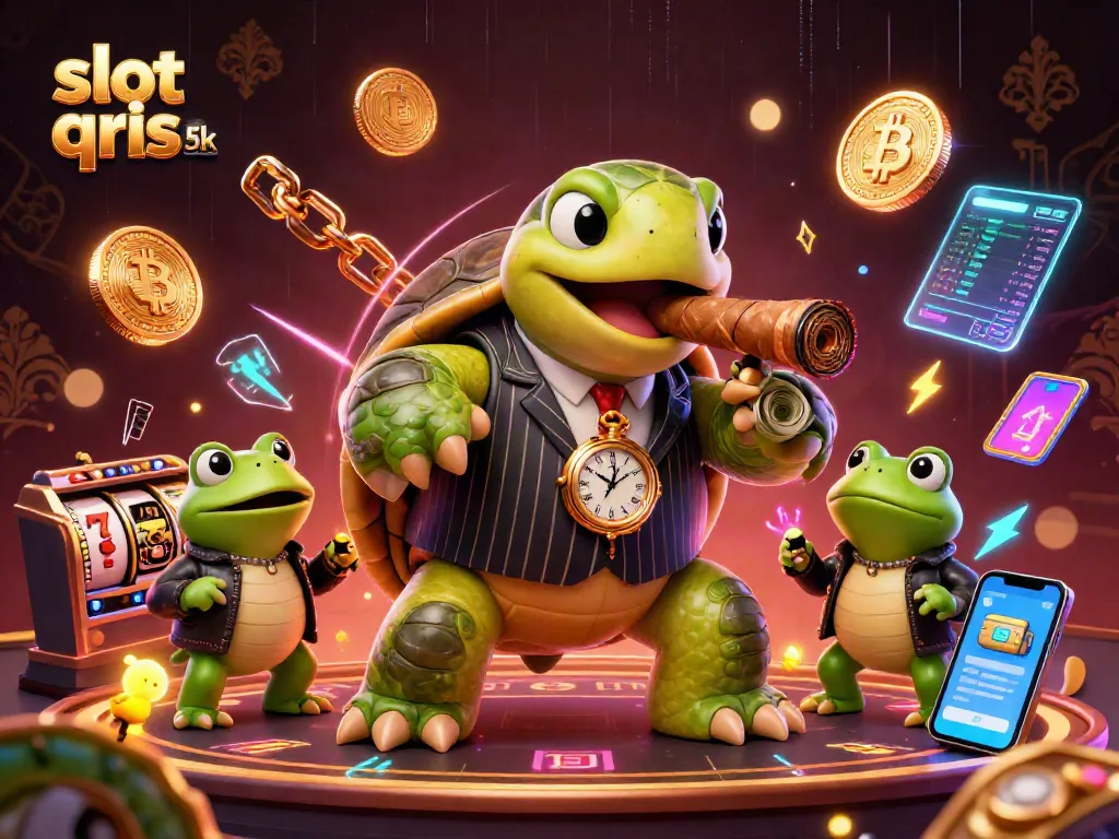 Play thrilling slot games at slot qris 5k, featuring a vivid 3D scene with unique characters and neon elements.