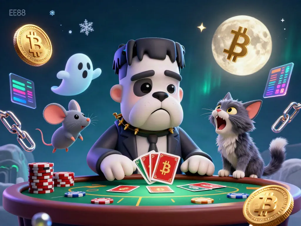 Engage with the lively EE88 scene featuring a Frankenstein bulldog dealer amidst casino vibes.