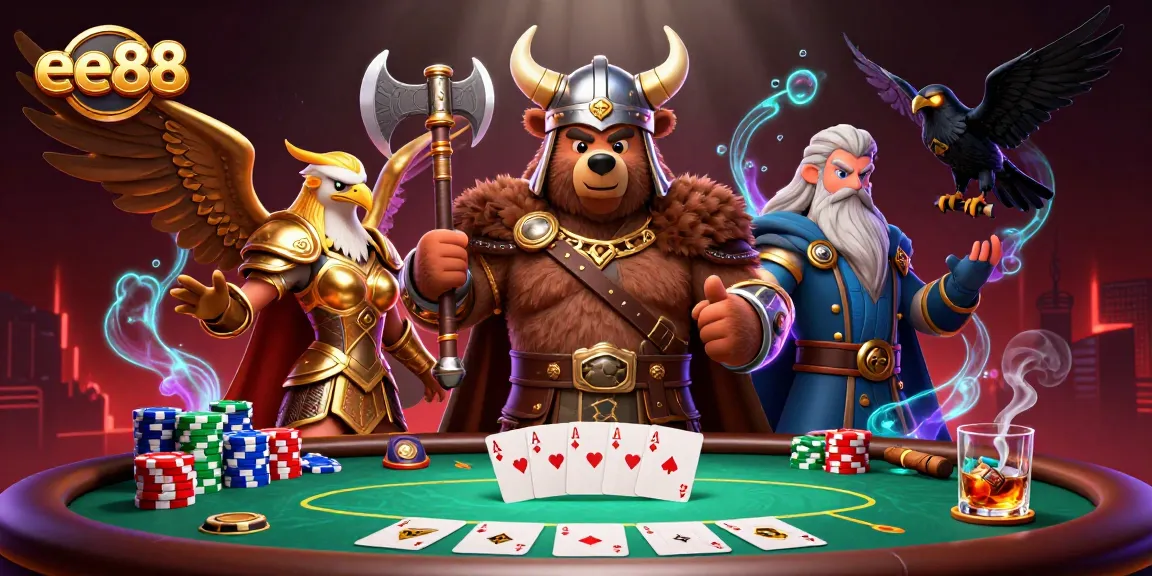 Experience the thrilling atmosphere at ee88, where a Viking bear and Valkyrie eagle dominate a vibrant poker scene filled with chips and cards.
