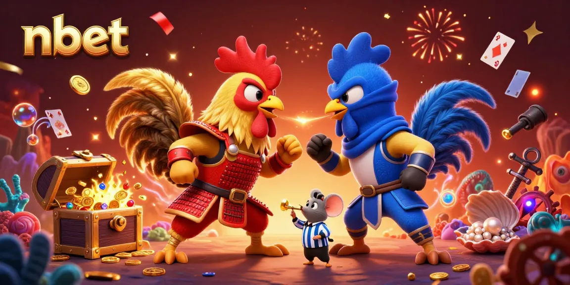 Engage in thrilling battles with nbet's cartoon fighting roosters in a vibrant casino setting.