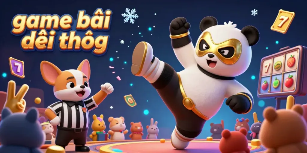 Experience the thrill of game bài đổi thưởng with a vibrant 3D scene showcasing panda wrestlers and animated gambling elements.